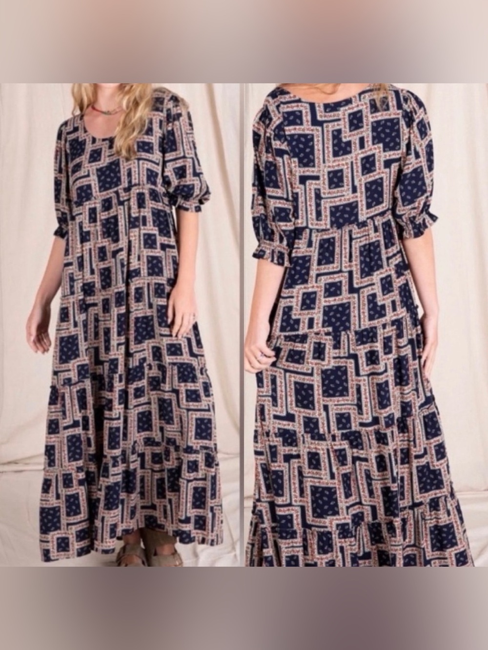 🌿 Natural Life Collette Tiered Maxi Dress Navy & Red Floral Patchwork Size XS